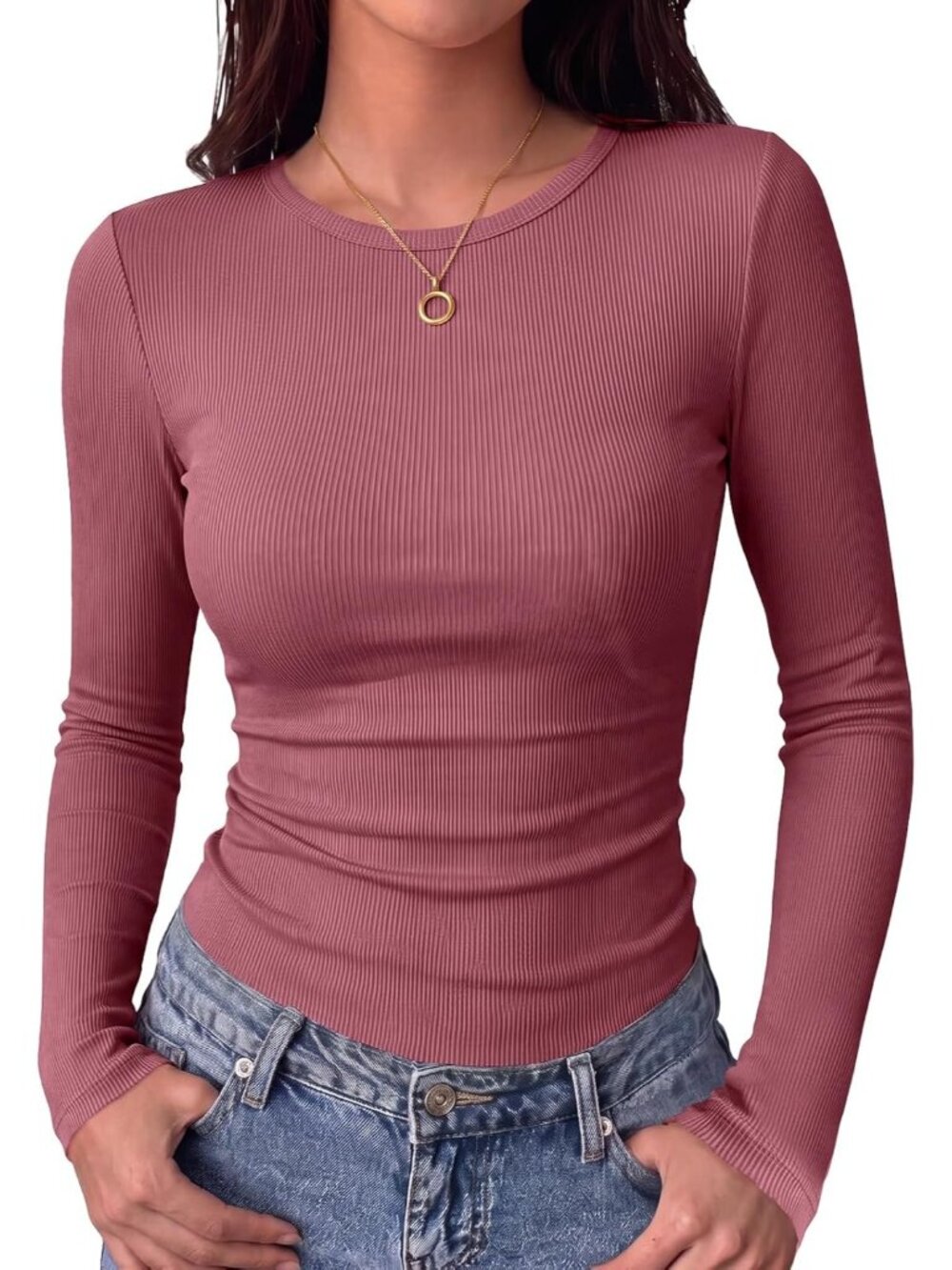 Women's Bean Red Ribbed Knit Basic Crewneck Long Sleeve Slim Fit Trendy T-Shirt